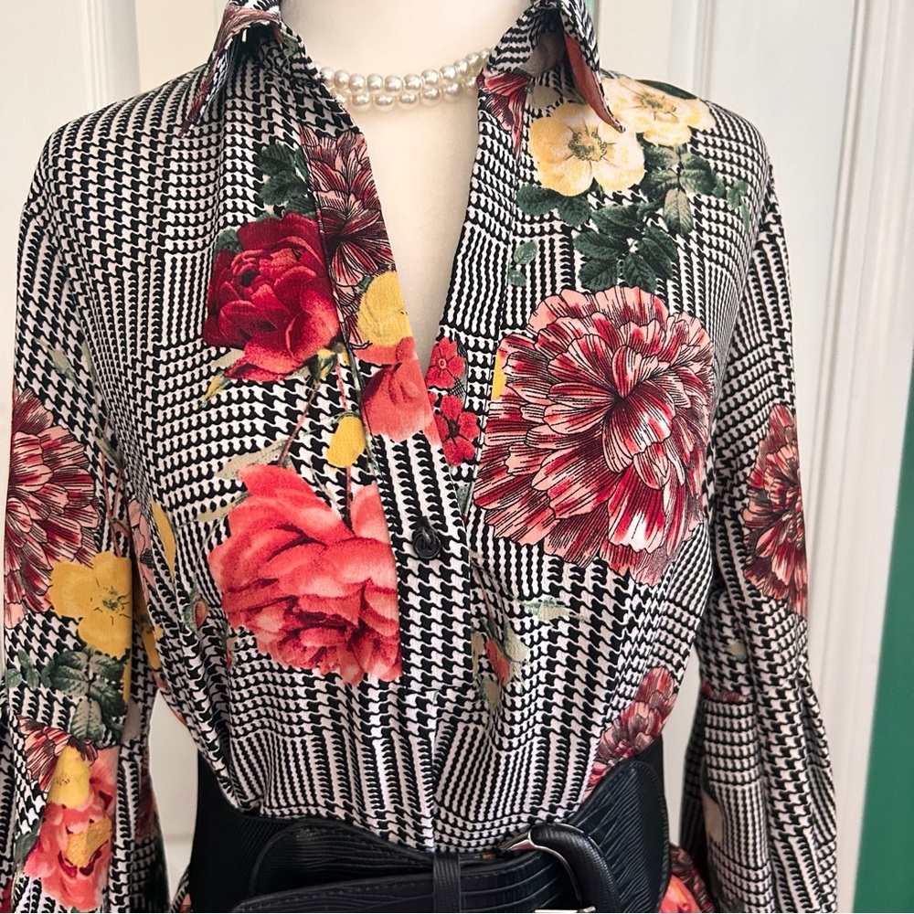 Spence Black/White Herringbone Plaid  with Vibrant Florals Dress 4 NWT